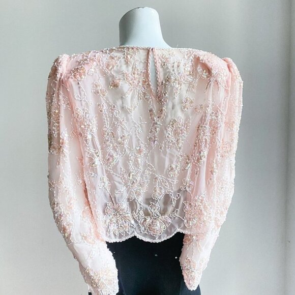 Vintage SILK Peach  Pink Beaded Embroidered Cropped Evening Top M - Picture 8 of 9